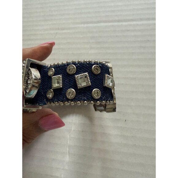 Y2K Denim Rhinestone Cuff Watch Western Bling Geneva Biker Hippie Boho Festival